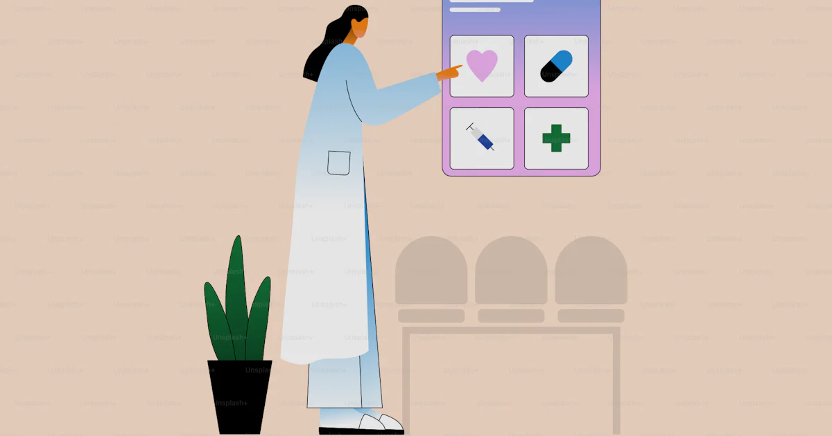 Lab Pointing Vector A woman in a lab coat pointing at a screen vector – Healthcare Image on ...