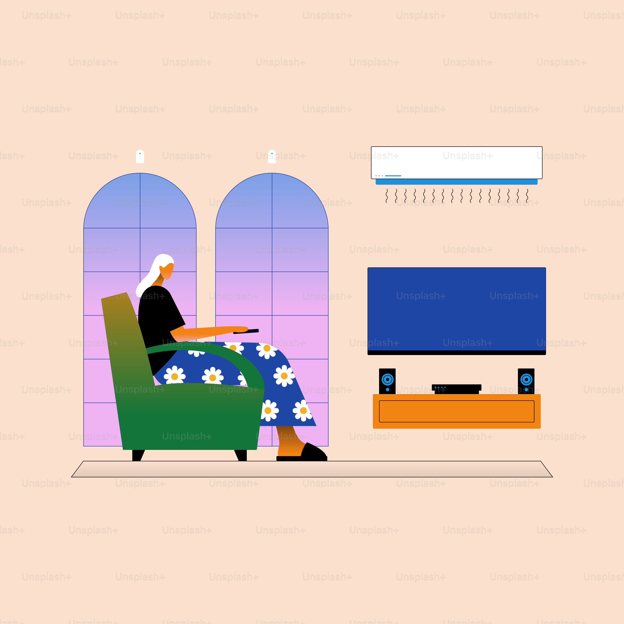 A woman sitting in a chair in front of a flat screen TV