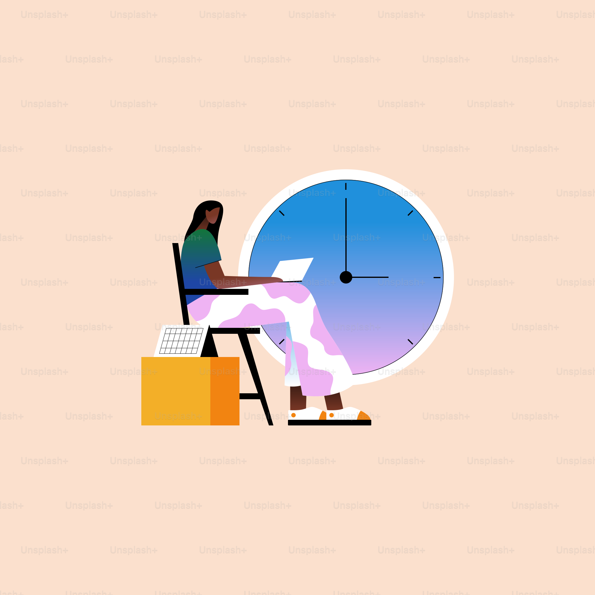 Eine Person, die an einem Schreibtisch sitzt, mit einer Uhr im Hintergrund