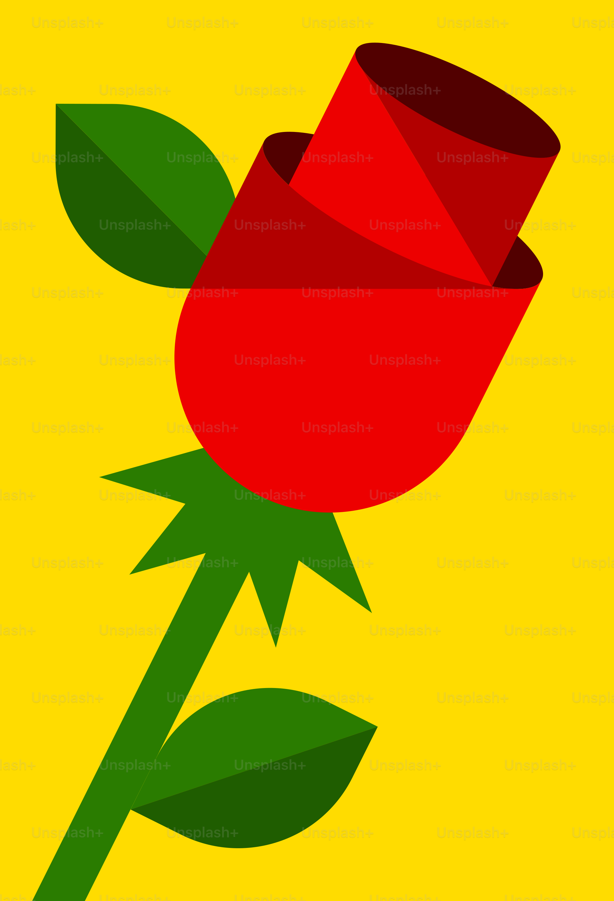 A red rose with green leaves on a yellow background