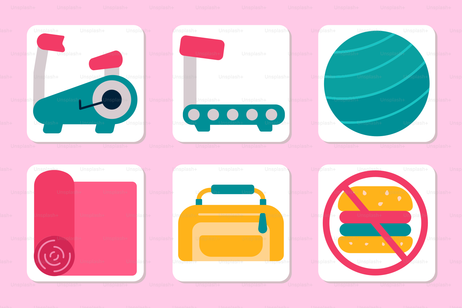 A pink background with different types of objects