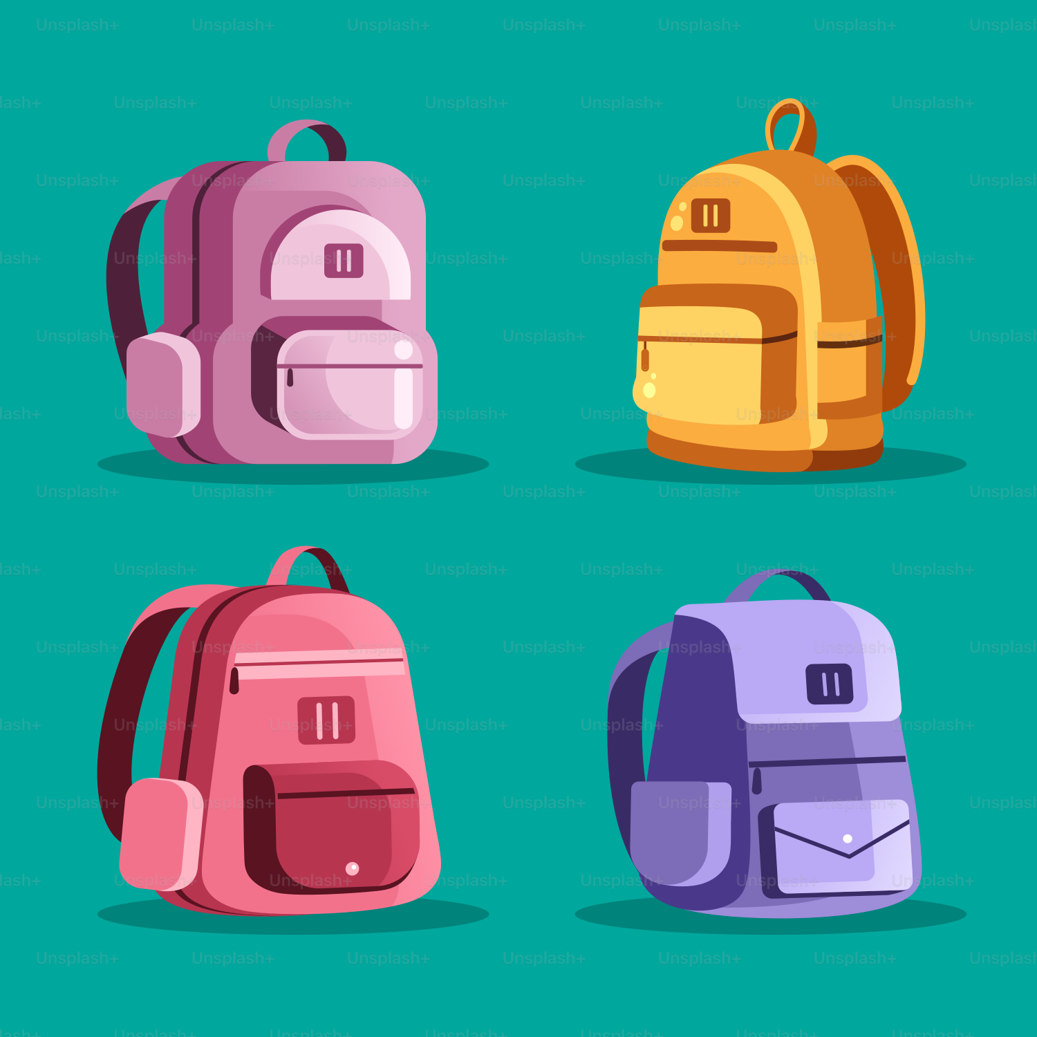 A set of four different colored backpacks