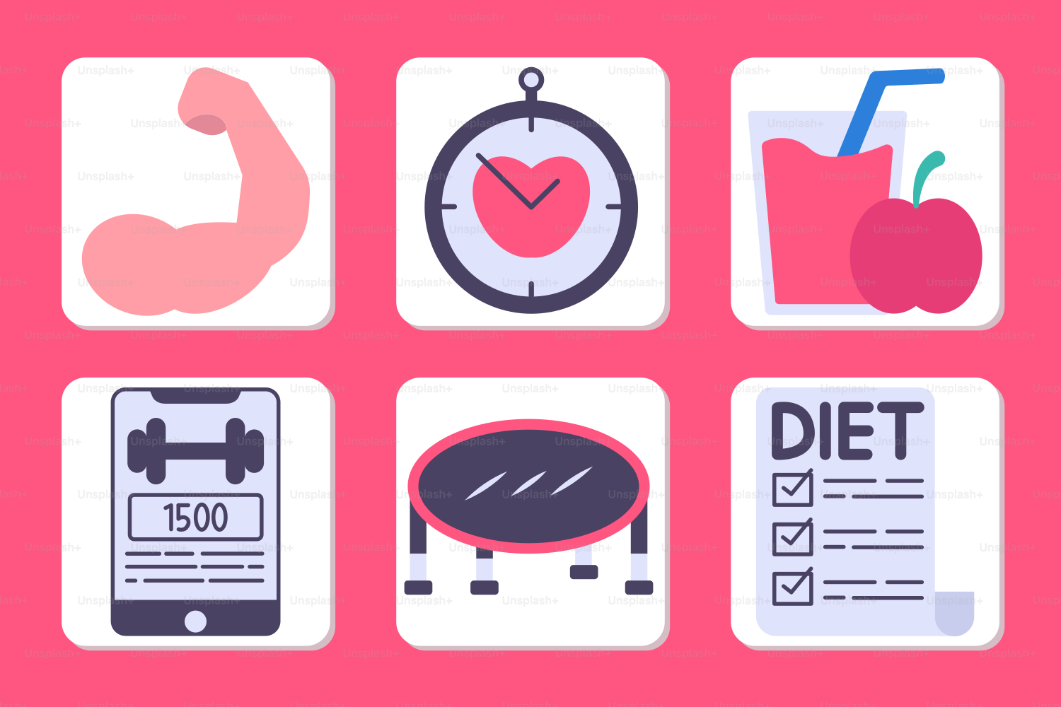 A pink background with a variety of health related items