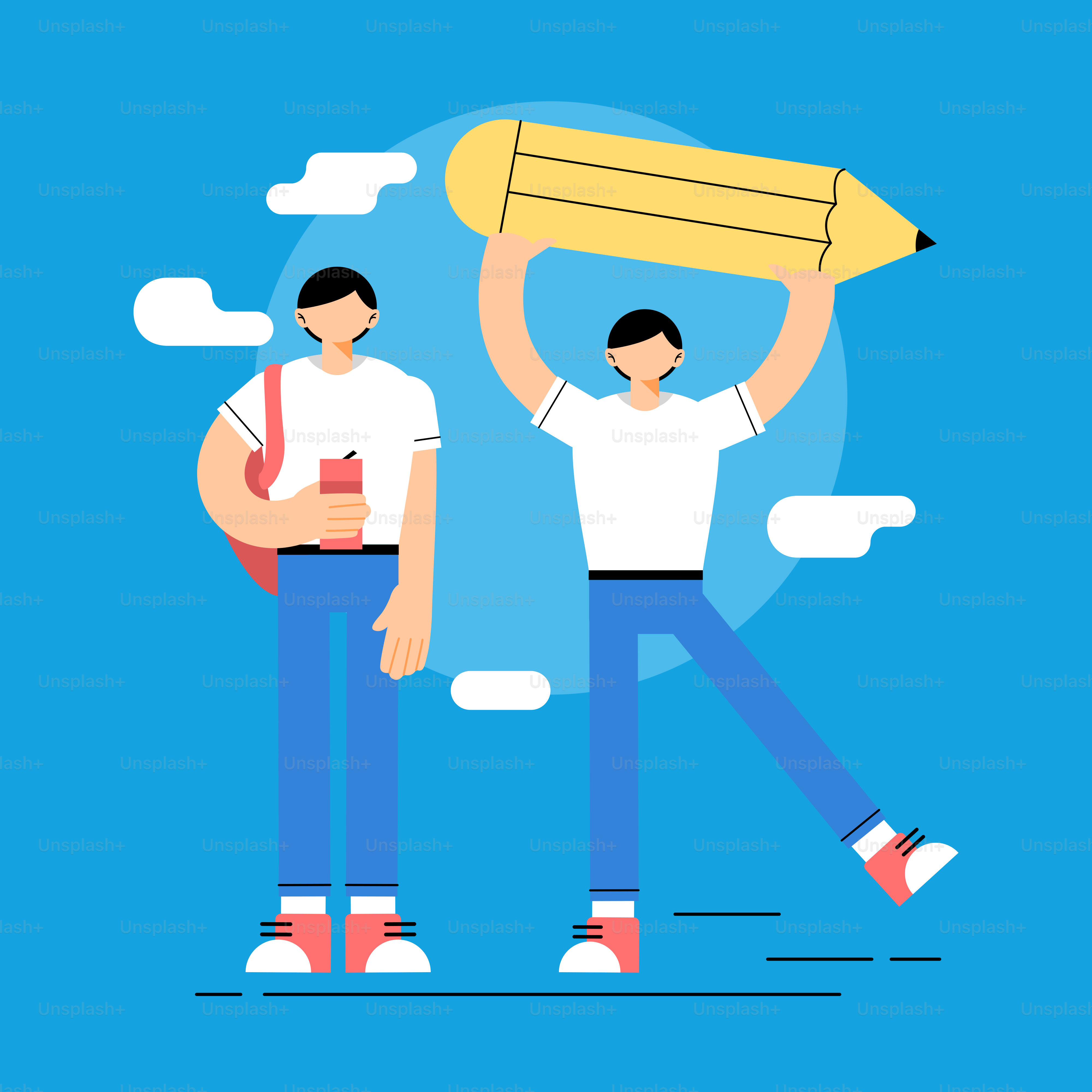 Zwei Männer mit einem riesigen Bleistift und einem Buch