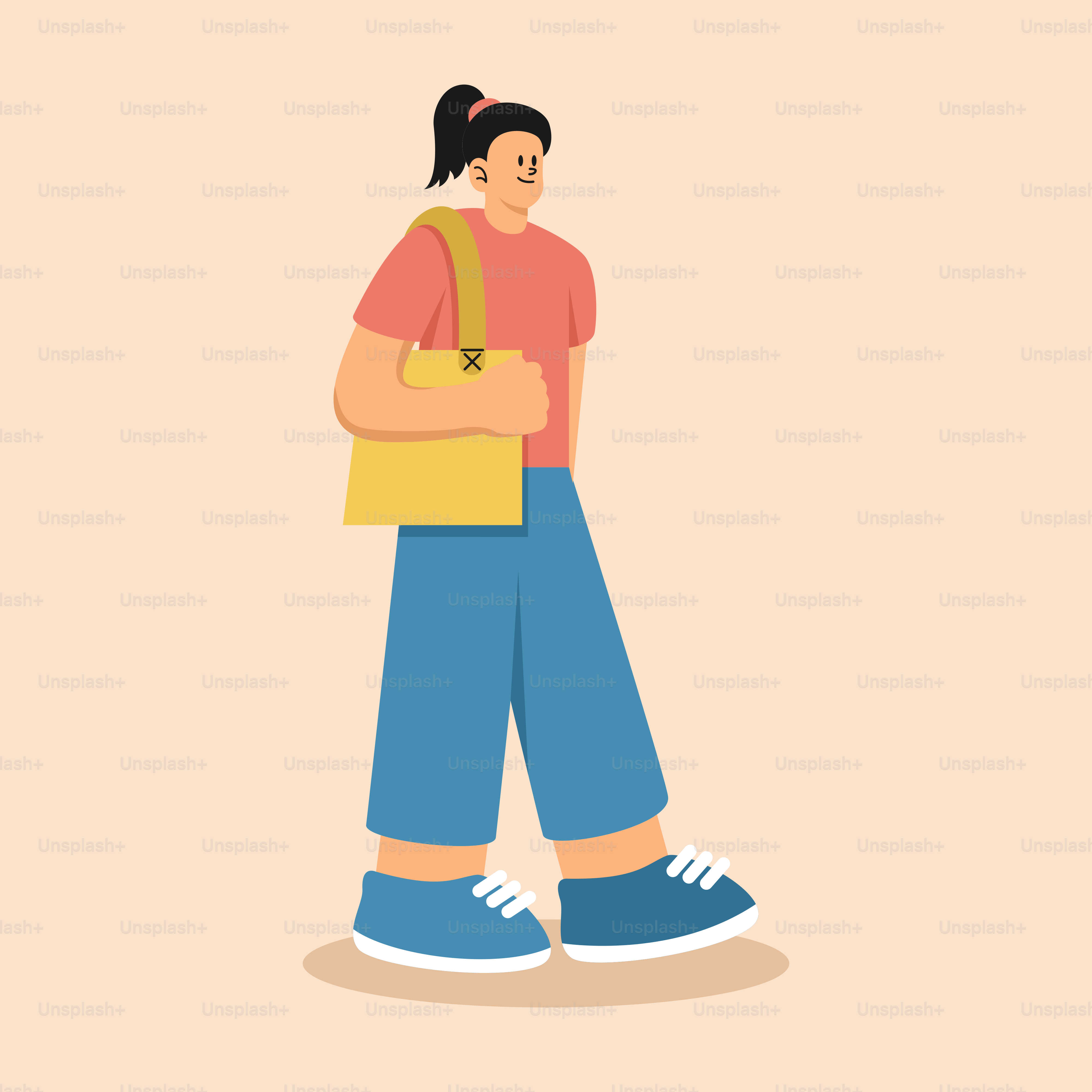 A woman walking with a yellow bag on her shoulder