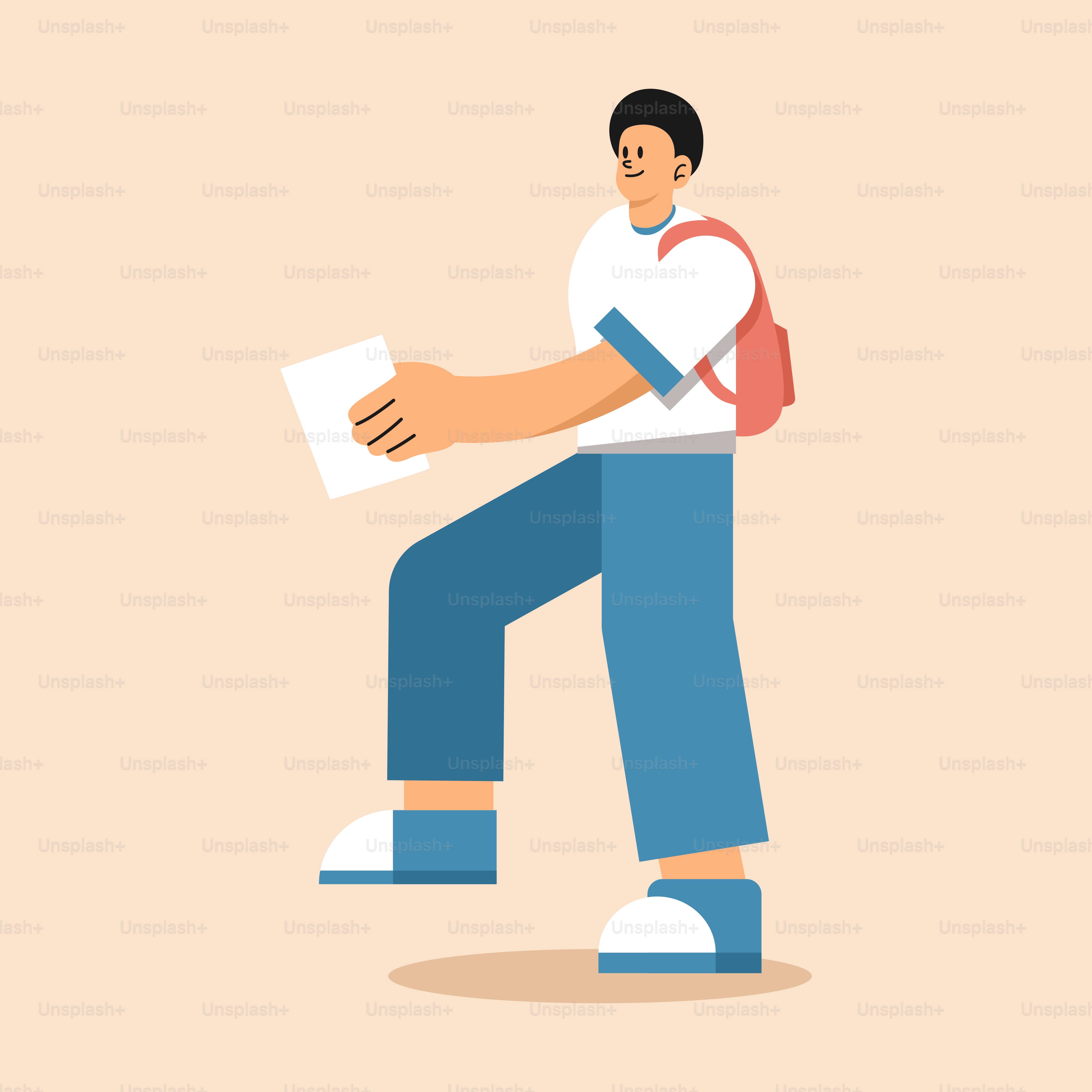 A man with a backpack holding a piece of paper