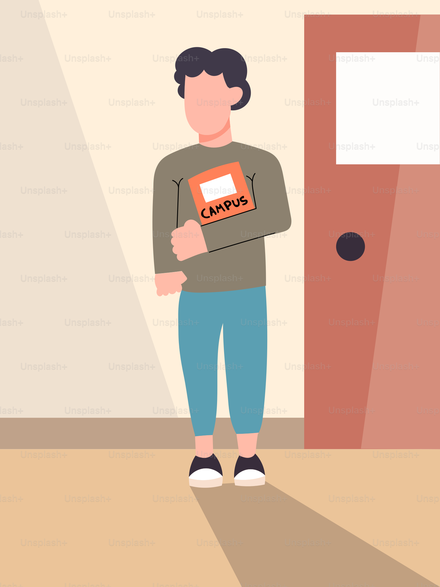 A man standing in front of a door holding a book