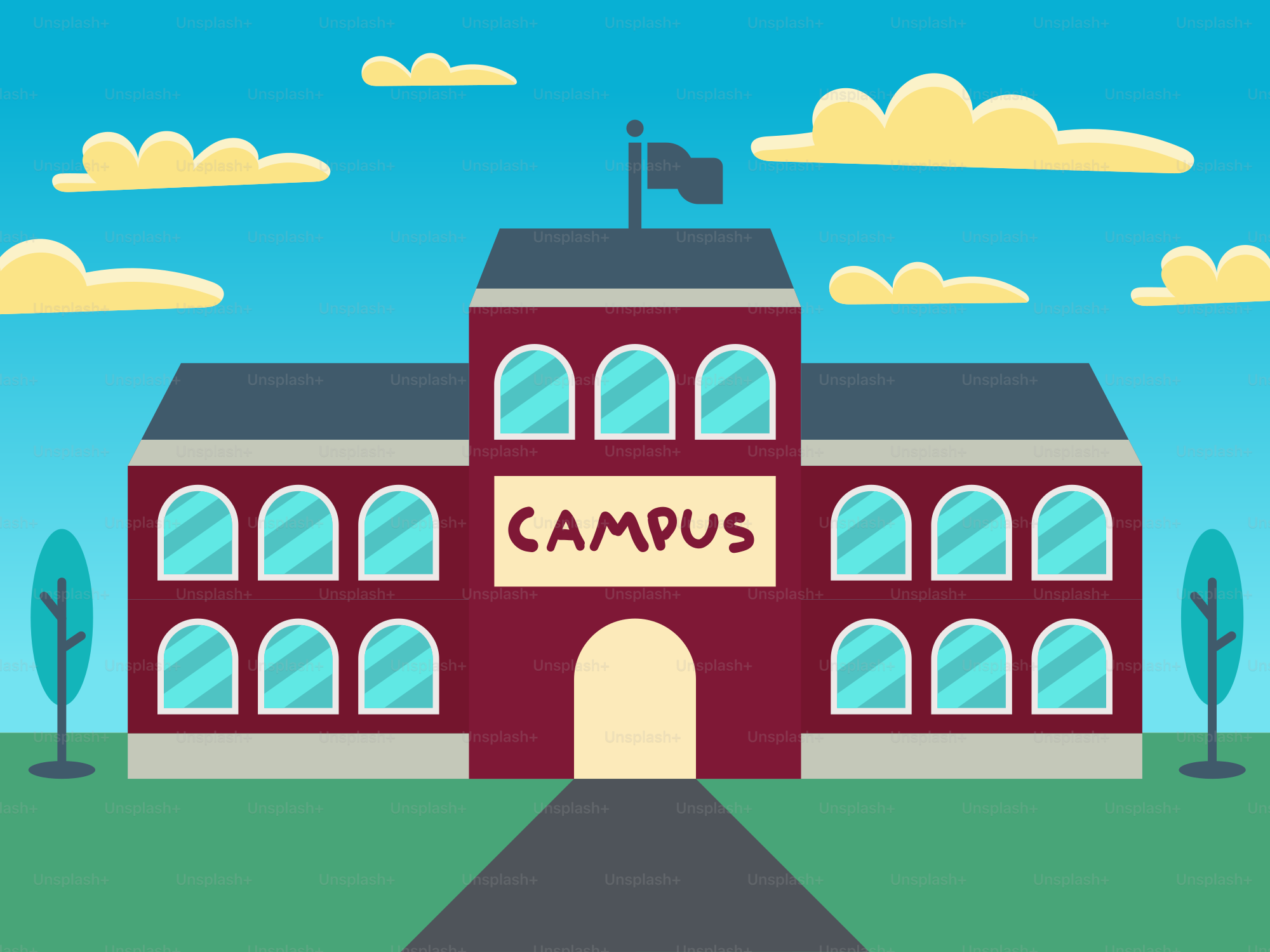 A red building with a flag on top of it