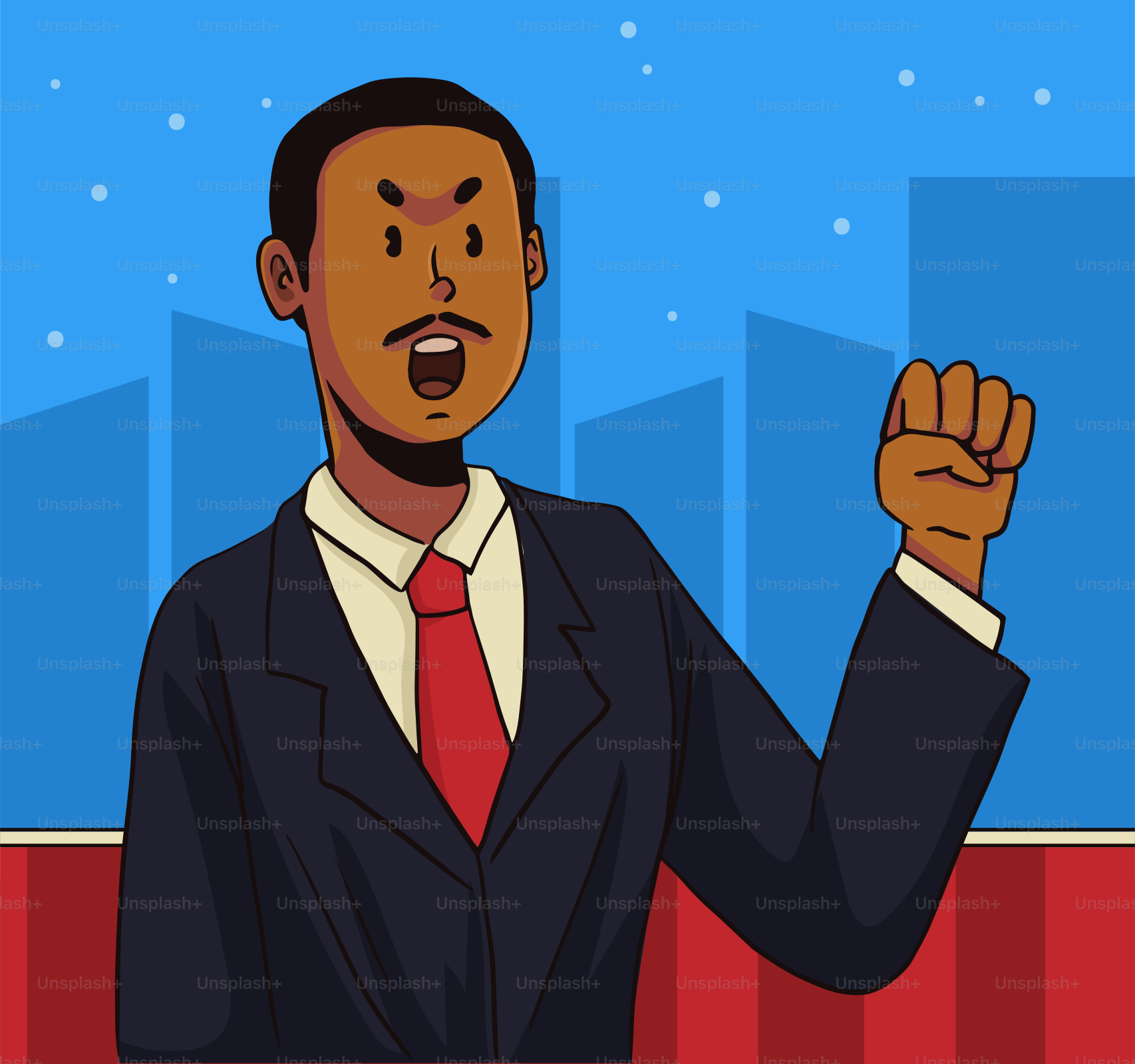 A man in a suit and tie holding his fist up