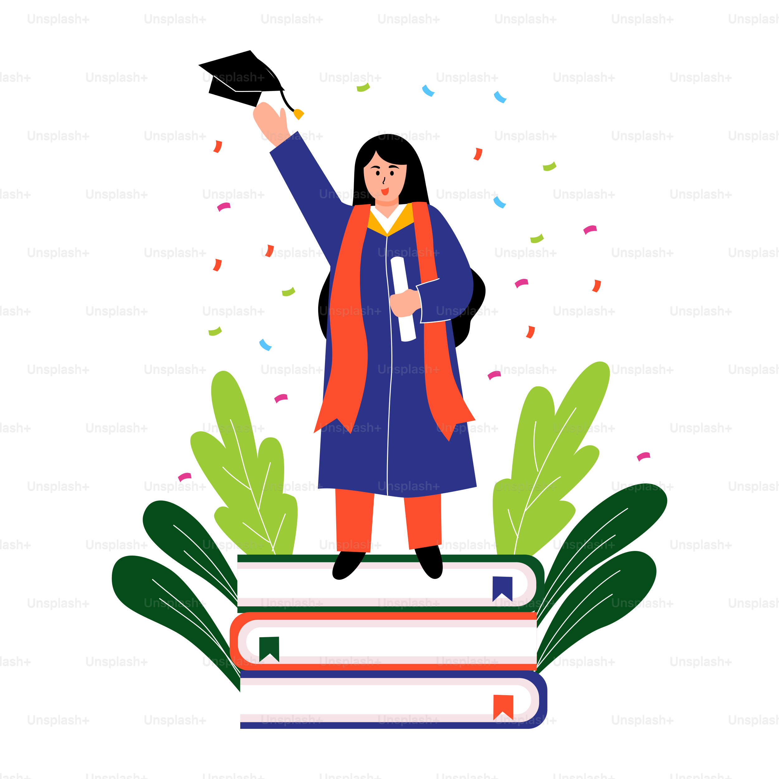 A woman in a graduation gown is standing on a stack of books