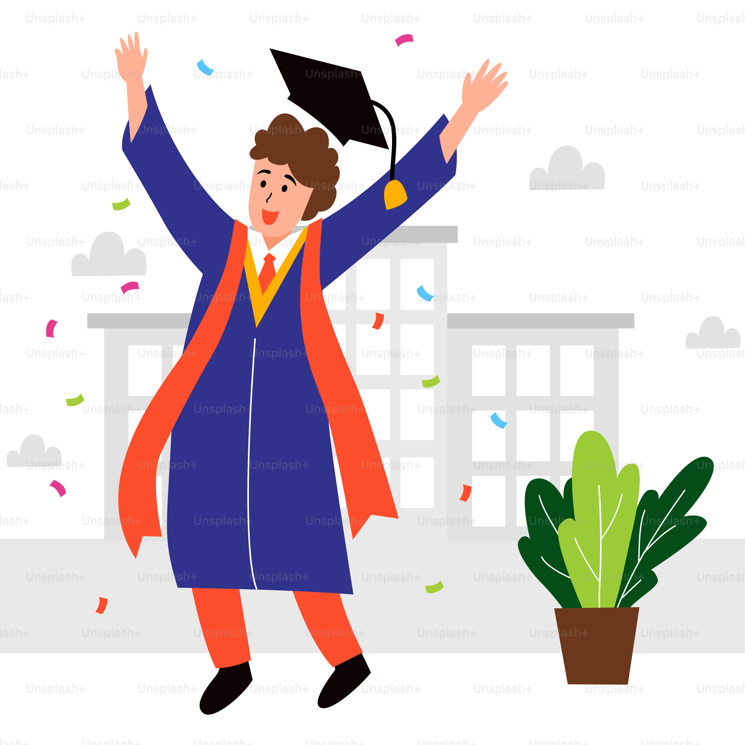 A woman in a graduation gown and cap with her arms in the air vector ...