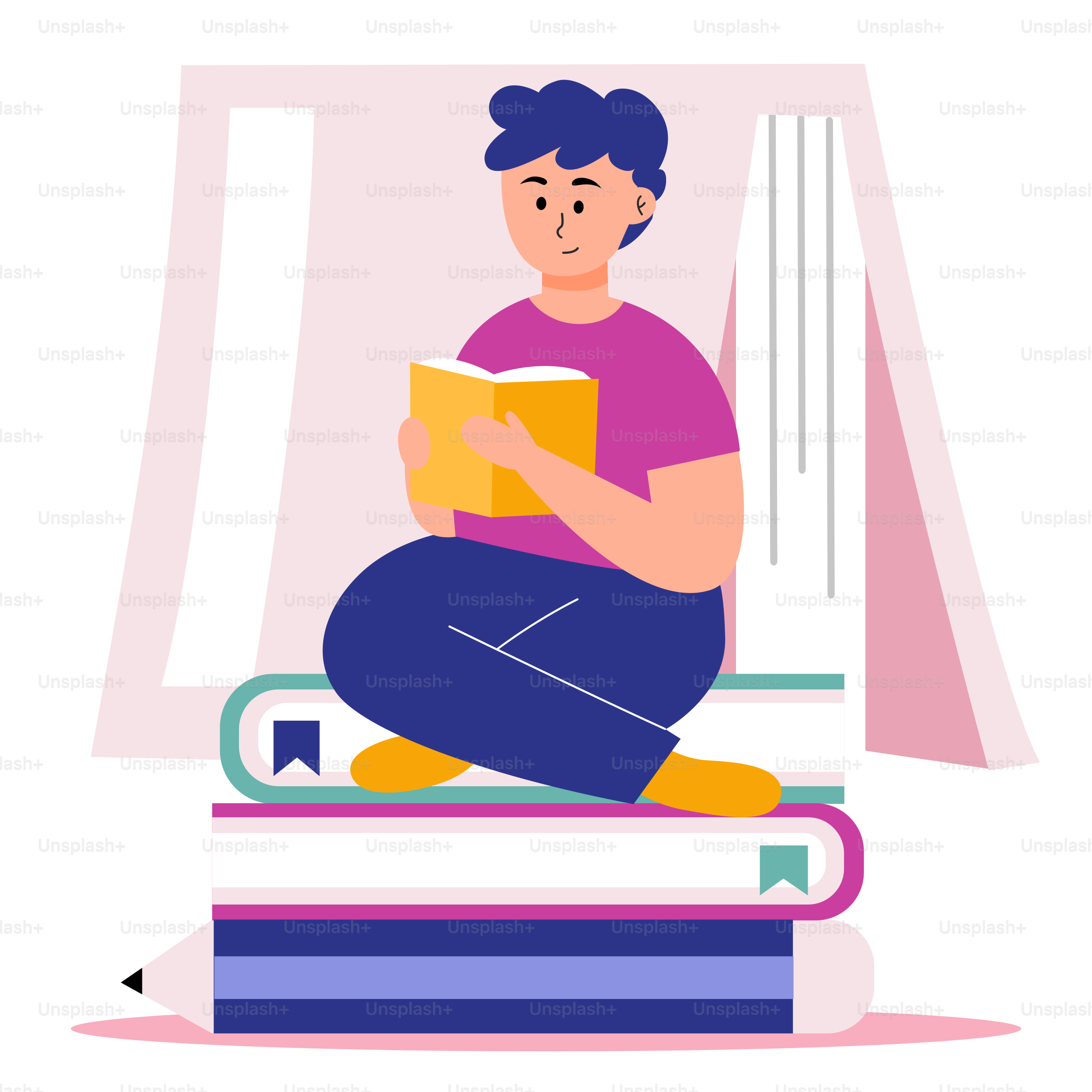 um, homem, sentando, ligado, um, pilha, de, livros, leitura, um, livro