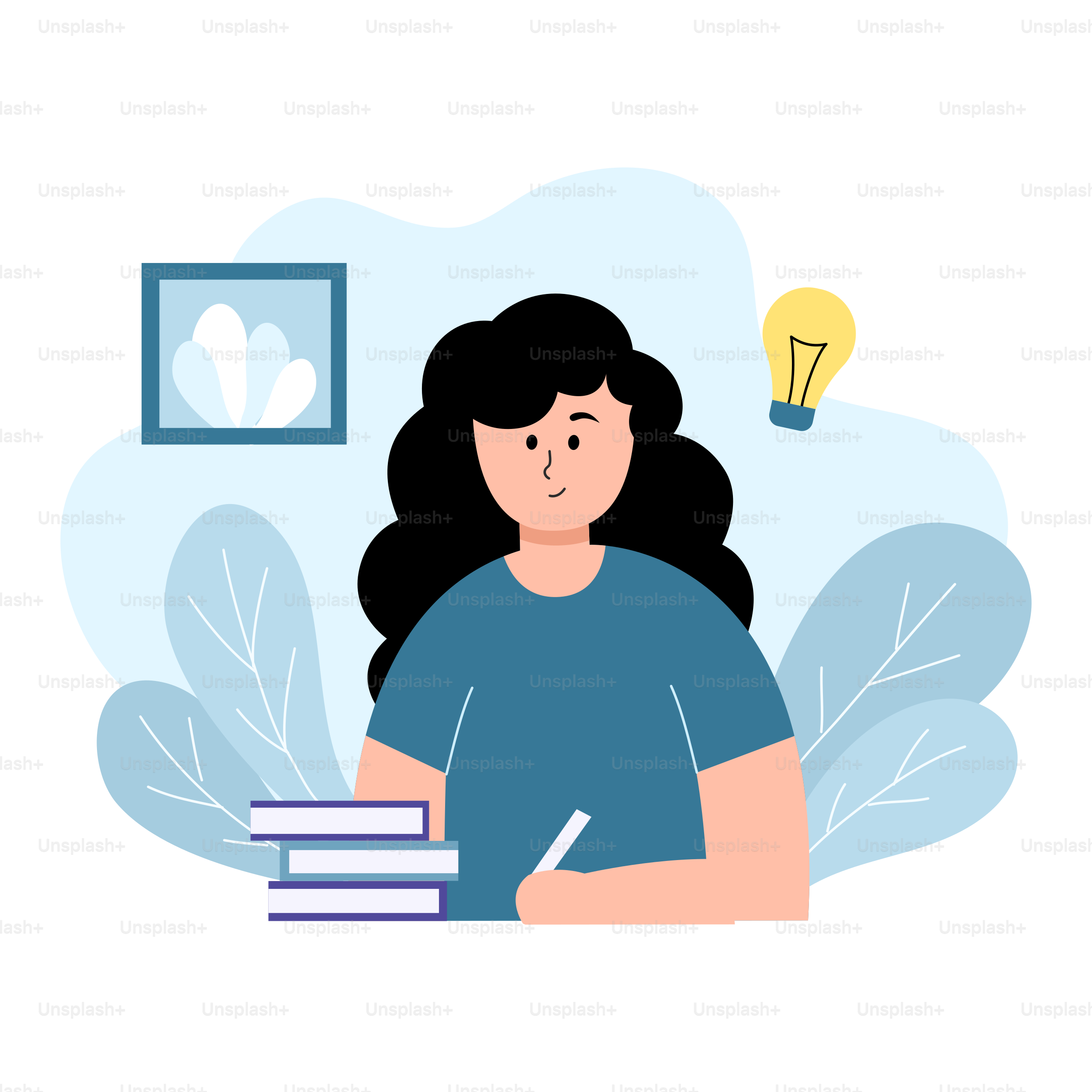 テーブルに座り、頭上に電球を置いて本を手にしている女性