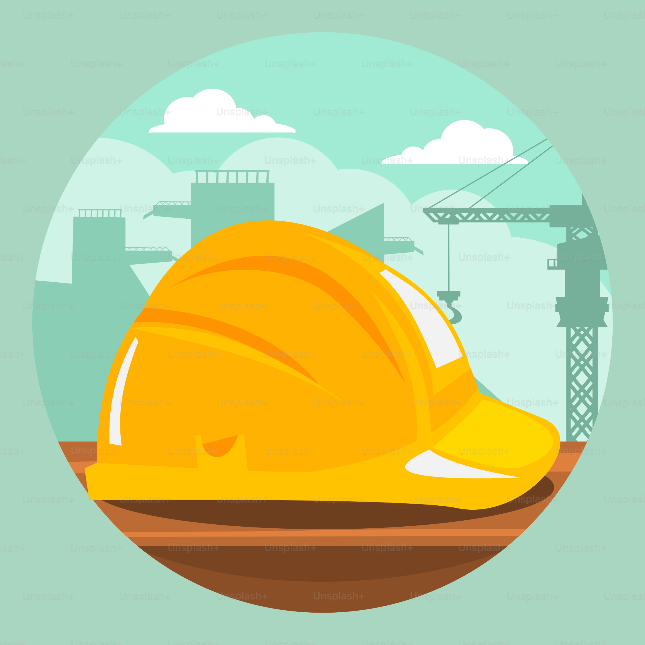 A yellow hard hat sitting on top of a wooden table