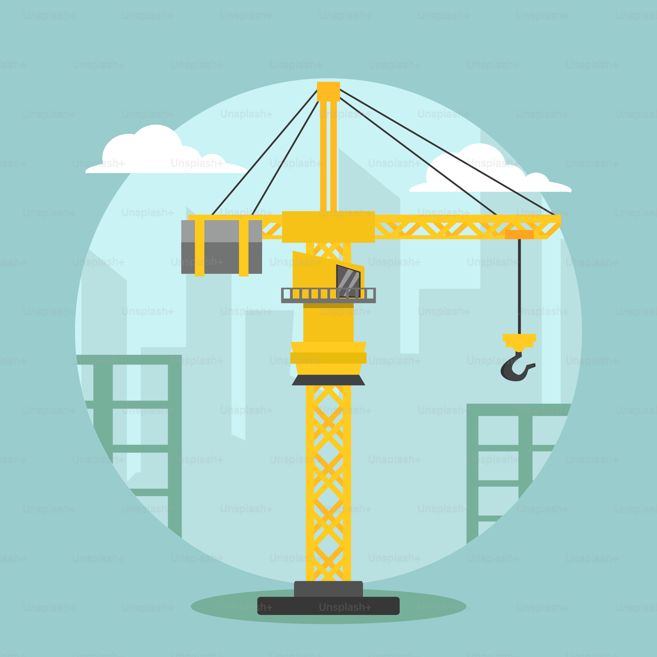 A yellow crane is standing in front of a building