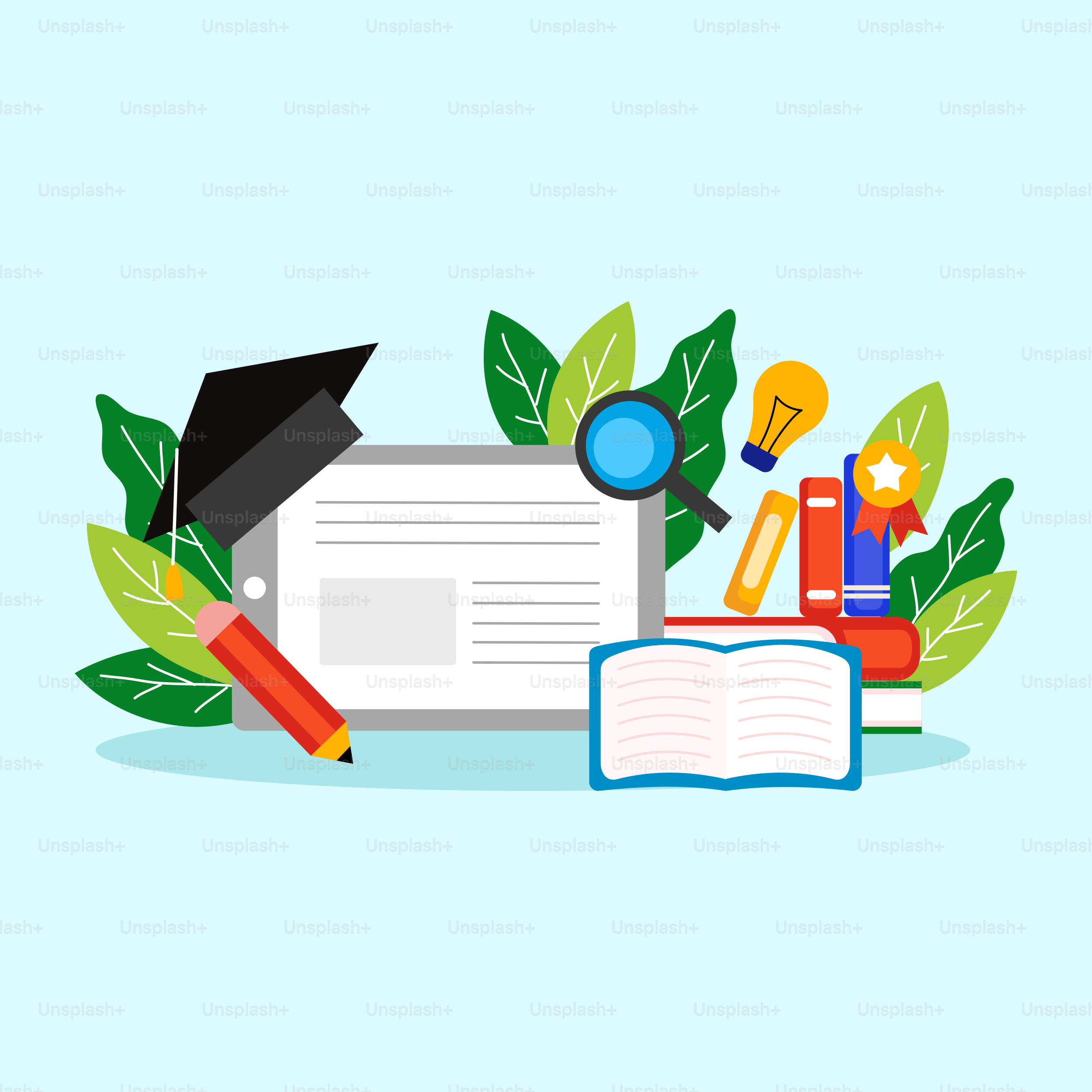 Um livro com um boné de formatura, um marcador de página e uma lupa