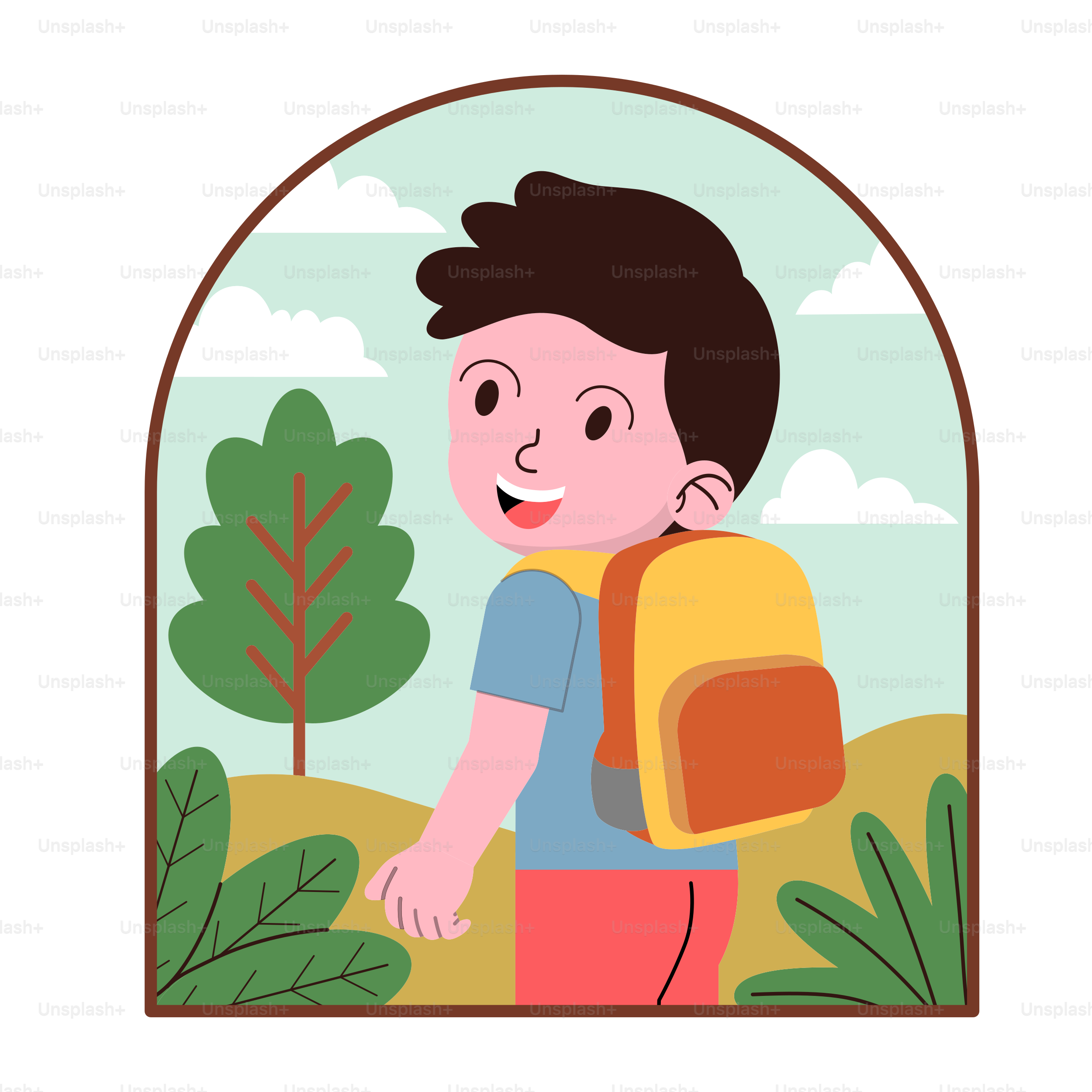 Um menino com uma mochila andando por um campo