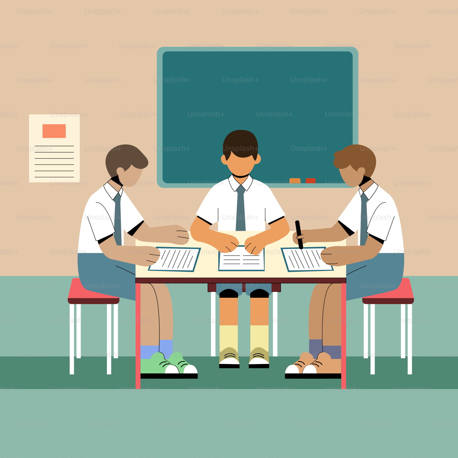 Un grupo de personas sentadas en una mesa frente a una pizarra