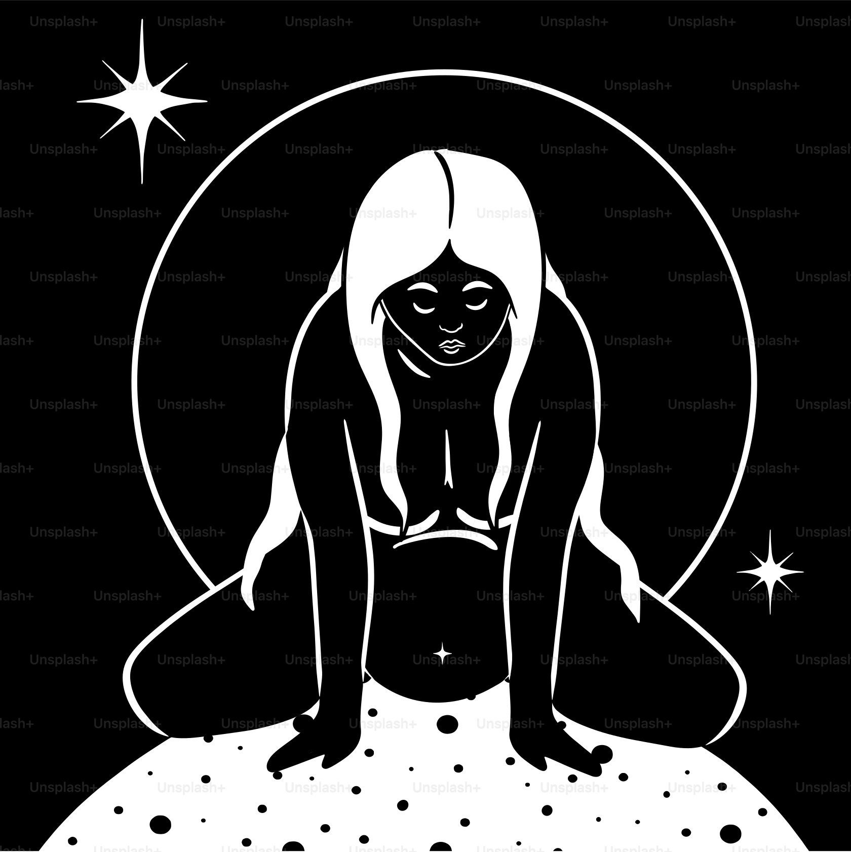 Uma imagem em preto e branco de uma mulher sentada na lua