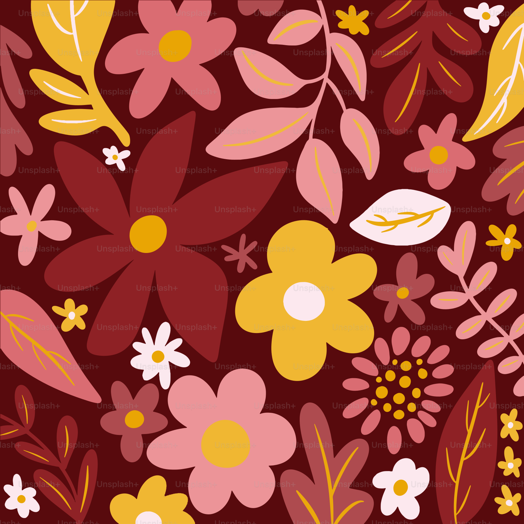 A red and yellow floral pattern with leaves and flowers