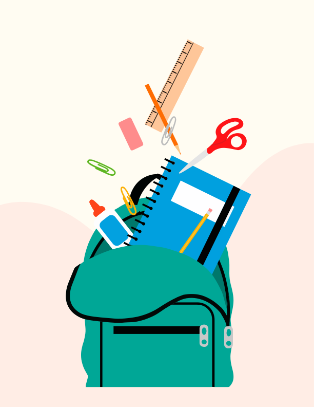 Uma mochila azul cheia de material escolar sobre um fundo rosa