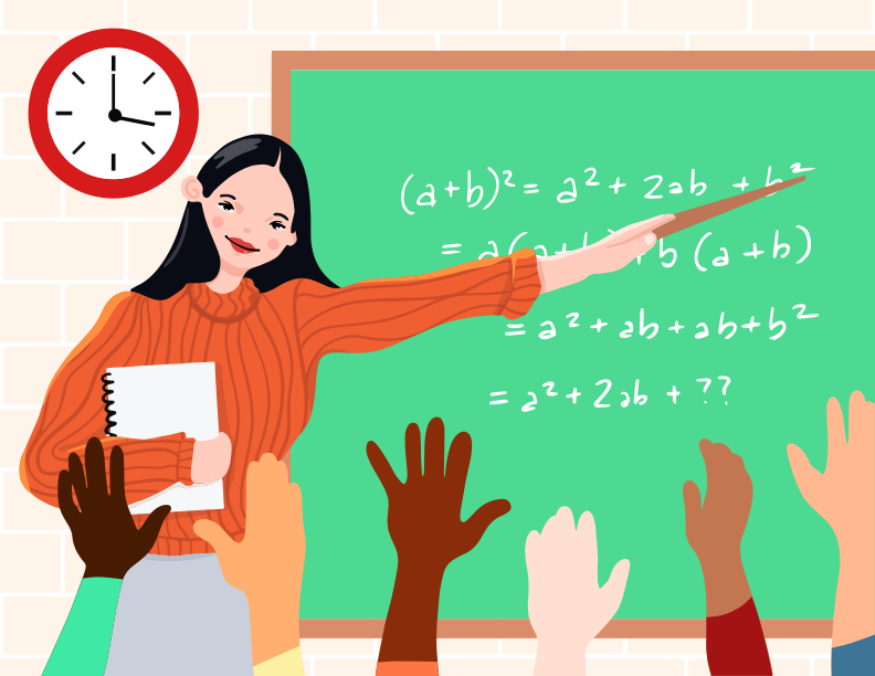 Un grupo de personas levantando las manos frente a una pizarra