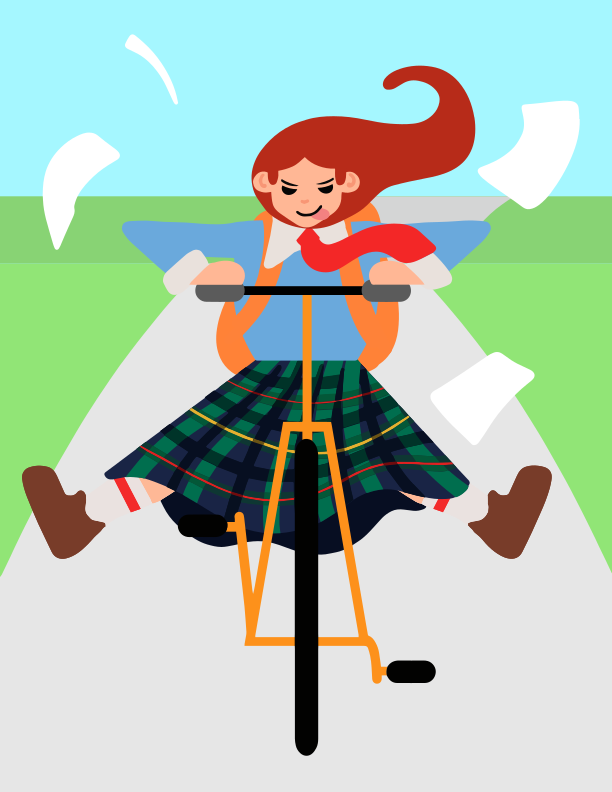 A woman riding a bike down a road