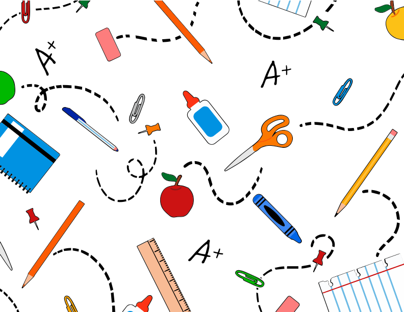 Um padrão de material escolar sobre fundo branco