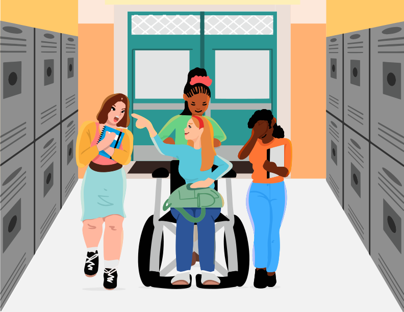 A group of people standing in a room next to lockers