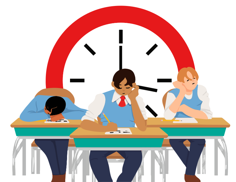 Un gruppo di persone sedute a un tavolo davanti a un orologio