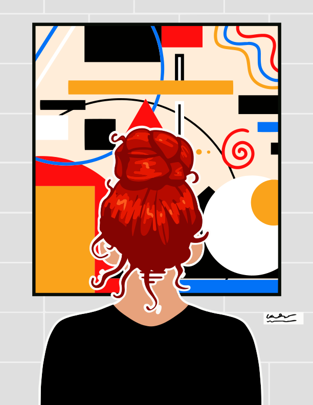 Eine Person, die vor einem Gemälde an einer Wand steht