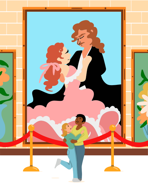 A man holding a little girl in front of a red carpet