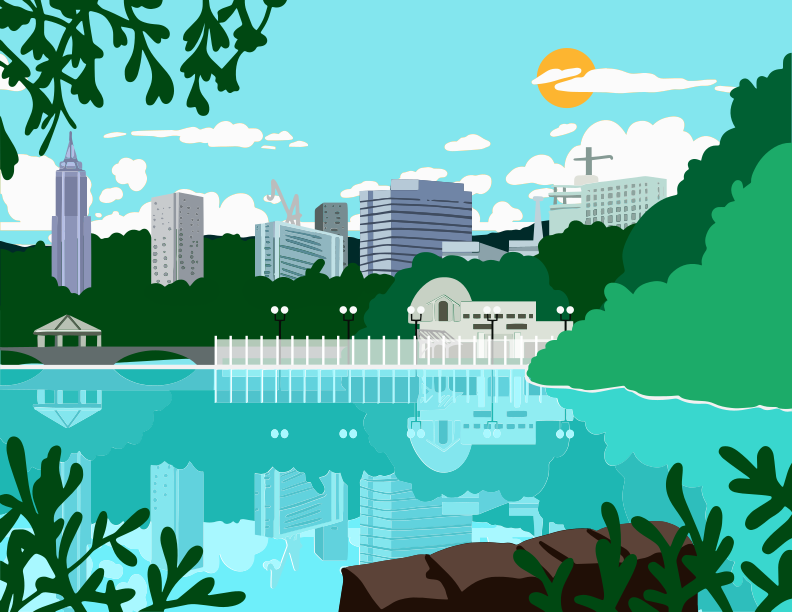 A picture of a river with a city in the background