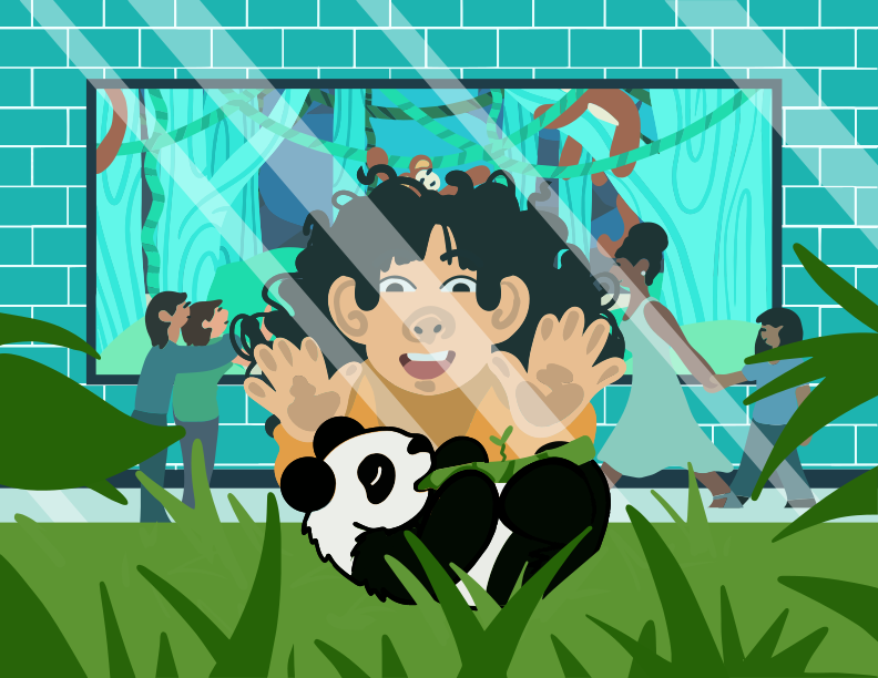 Un dessin animé d’un garçon tenant un panda