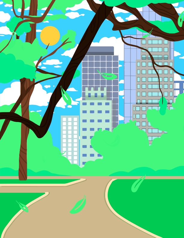 A cartoon of a city park with trees and buildings