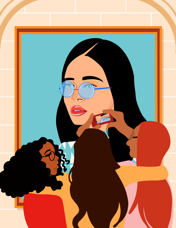 A woman sitting at a table talking on a cell phone