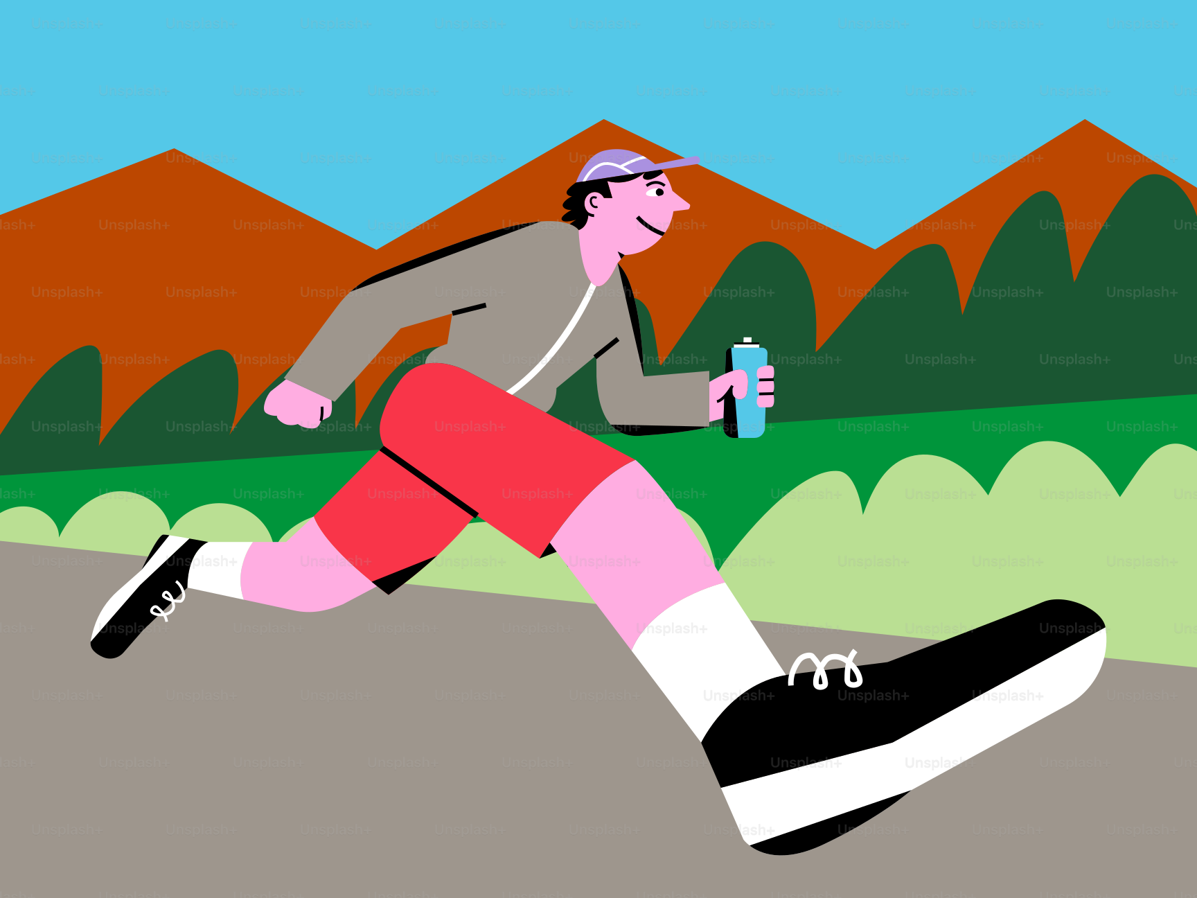 A man running on a road with mountains in the background