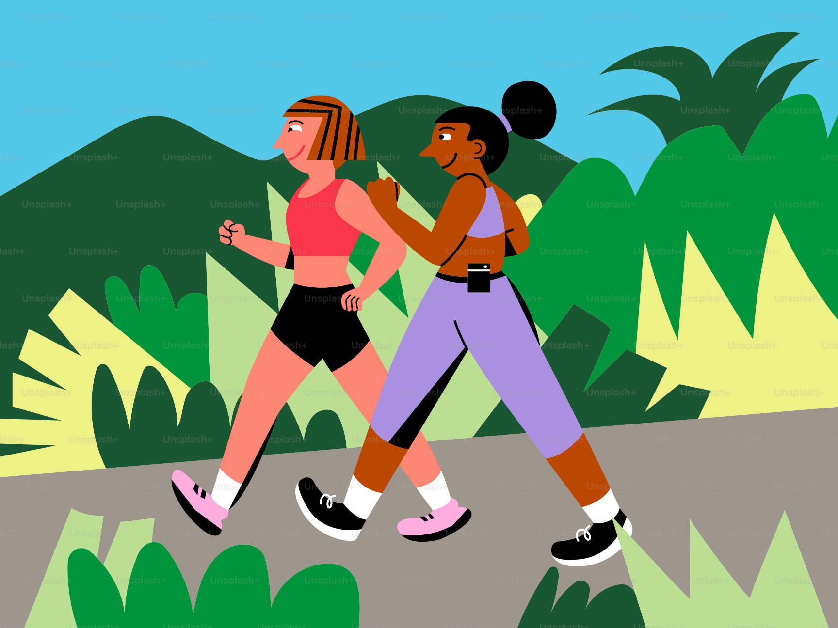 A couple of people that are walking down a road