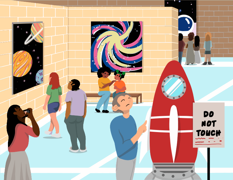 A group of people standing around a museum