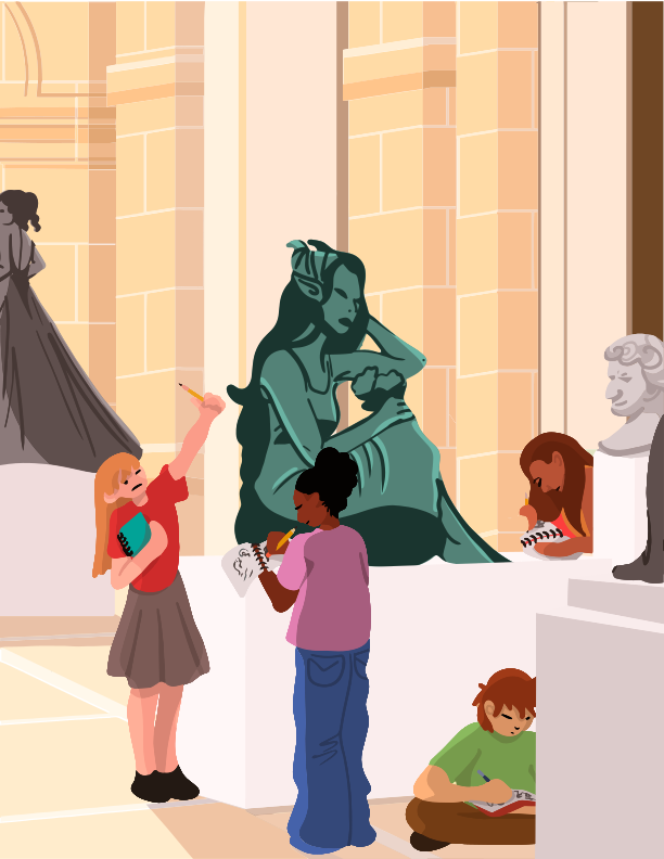 A group of children looking at statues in a museum