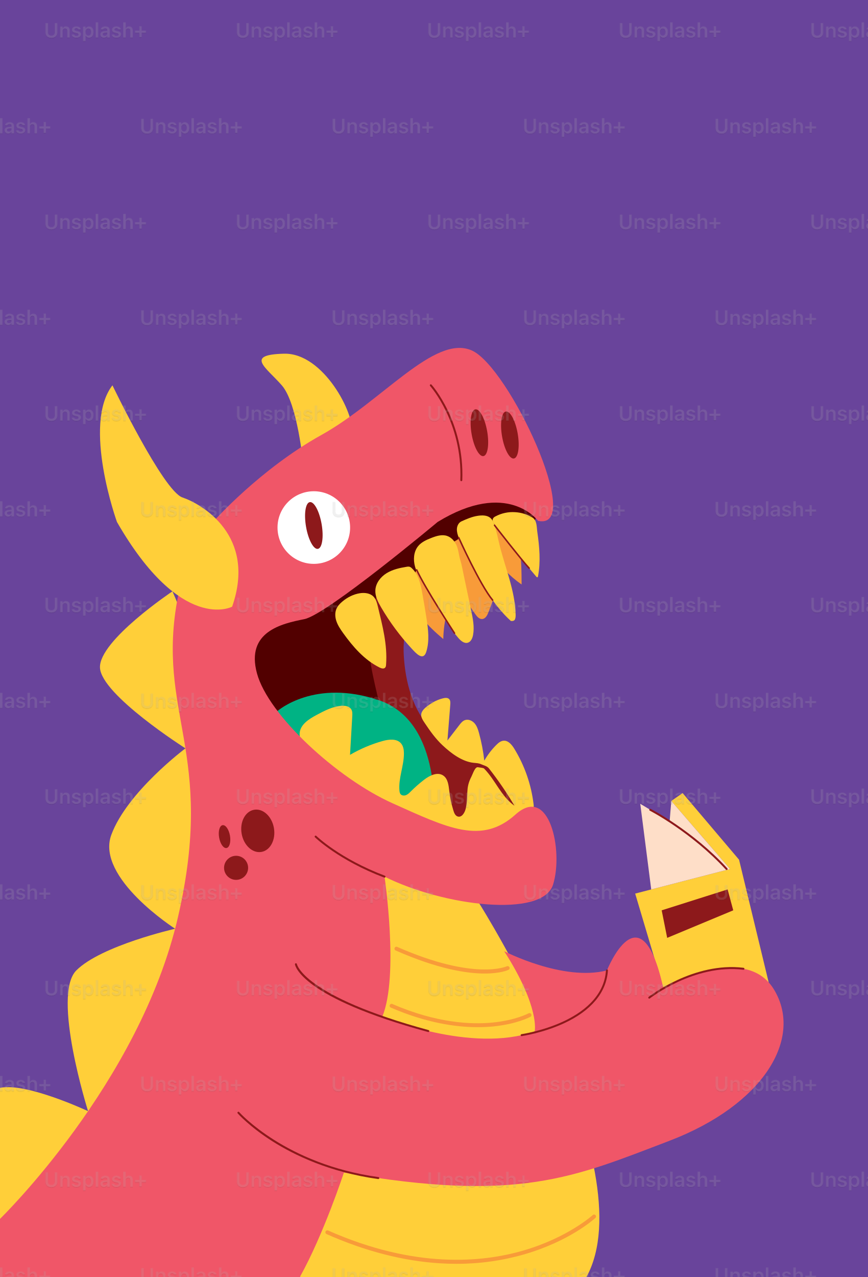 A pink dragon holding a piece of cake