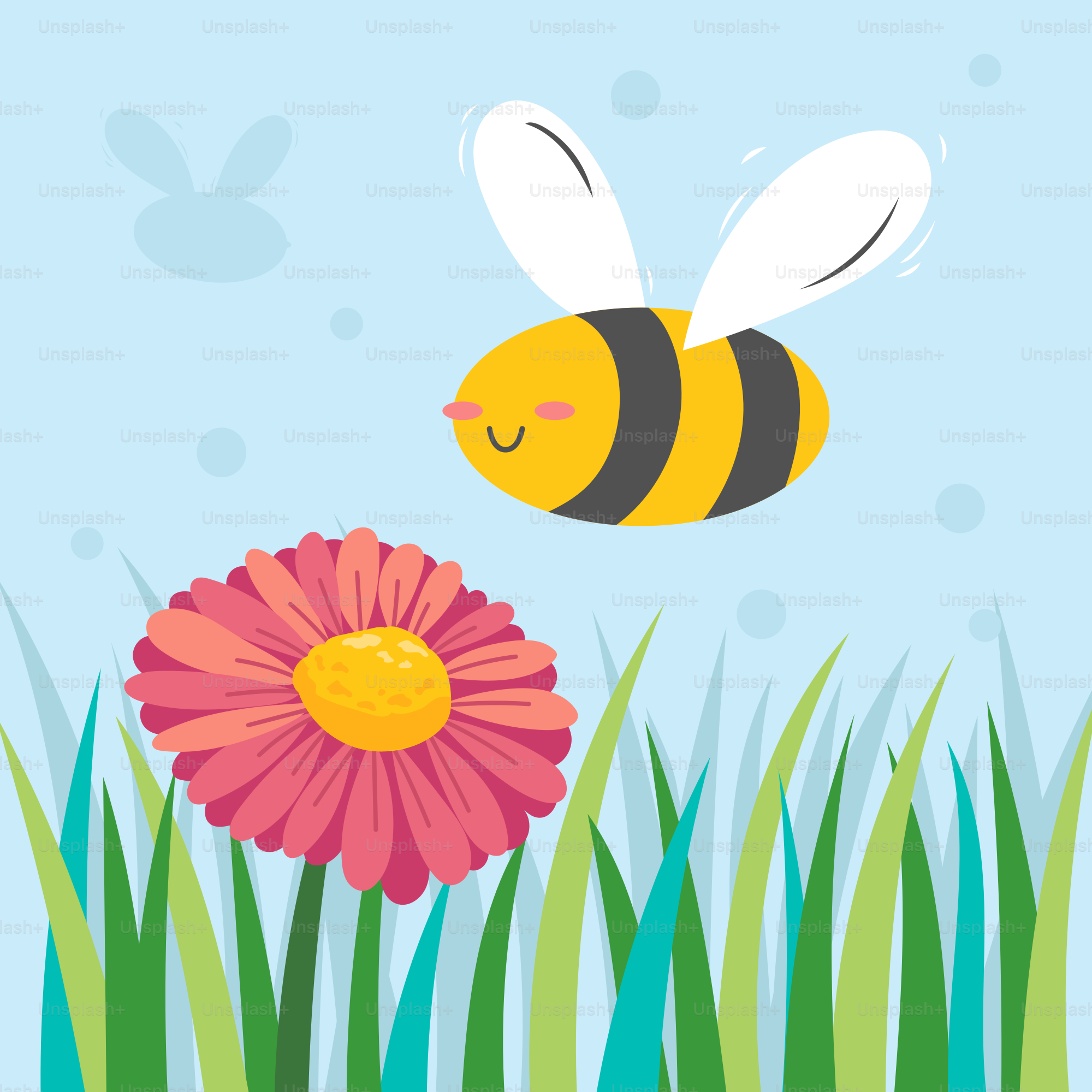 A bee flying over a flower in the grass
