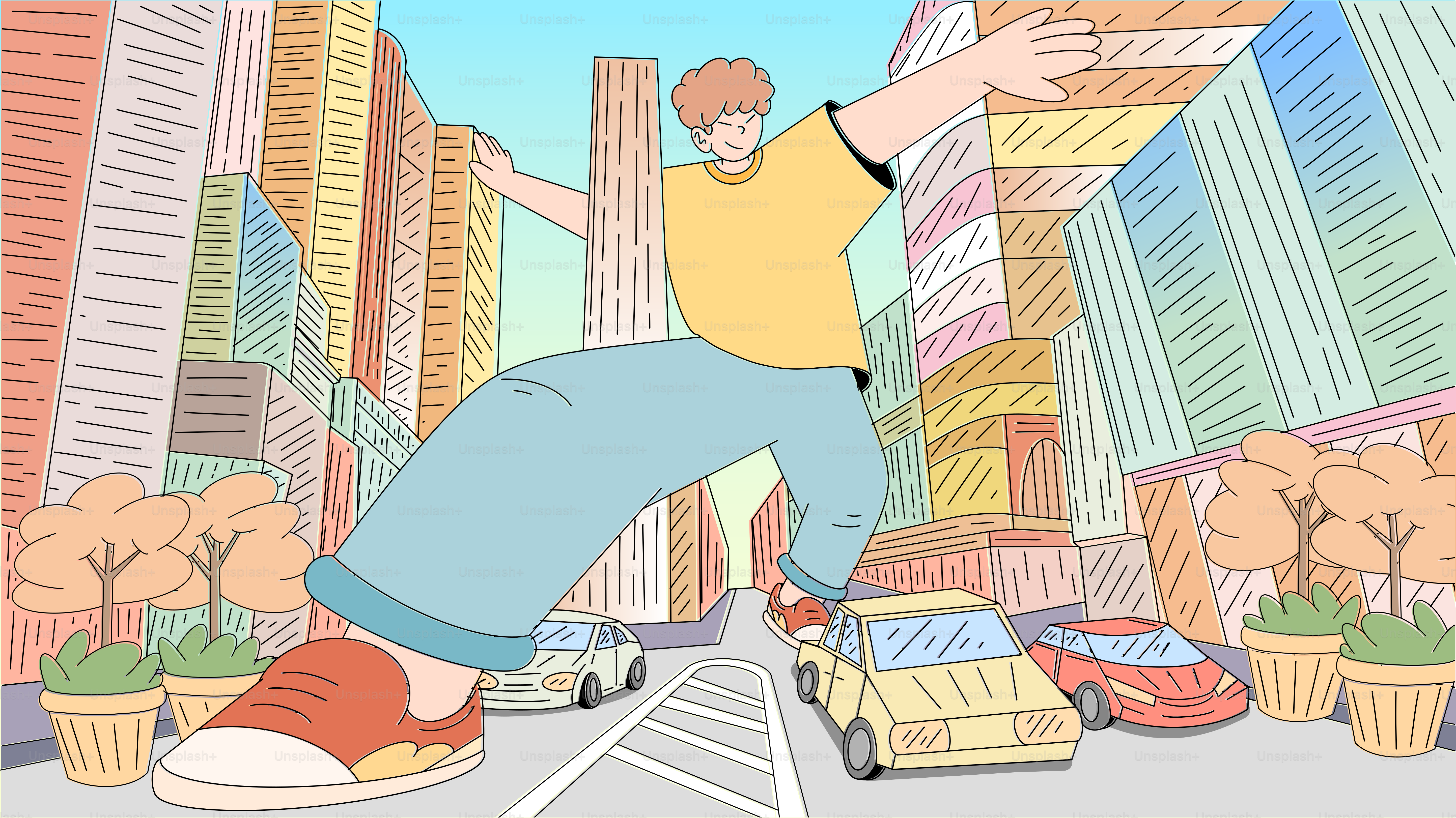 Un hombre montando una patineta por una calle junto a edificios altos