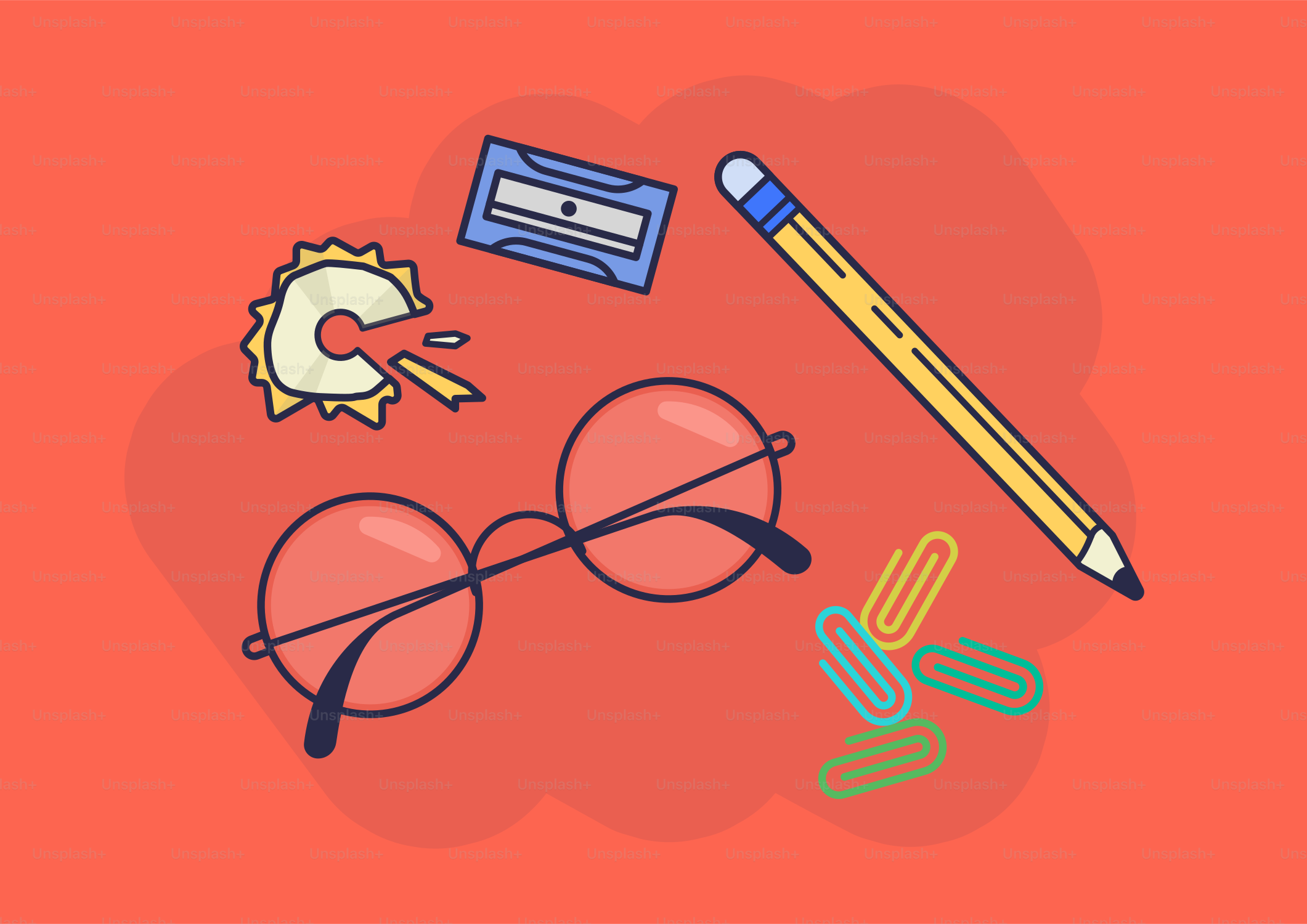 Unas gafas, un bolígrafo y un lápiz sobre fondo rojo