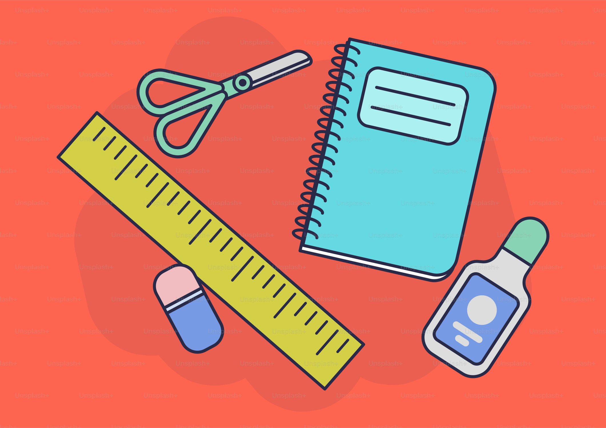 Un cuaderno, una regla y un frasco de medicina sobre fondo rojo