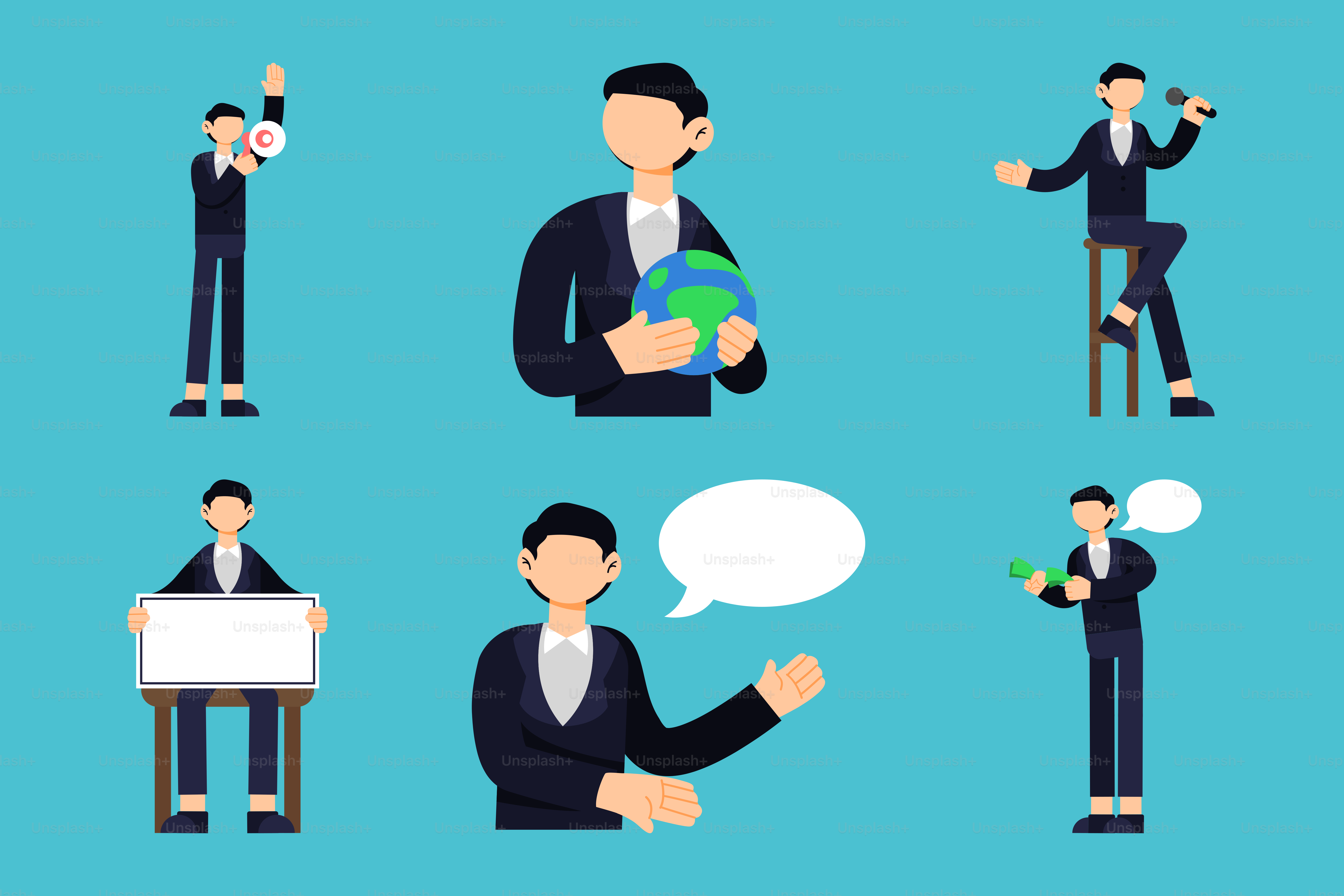 A man in a suit sitting down with a speech bubble above his head