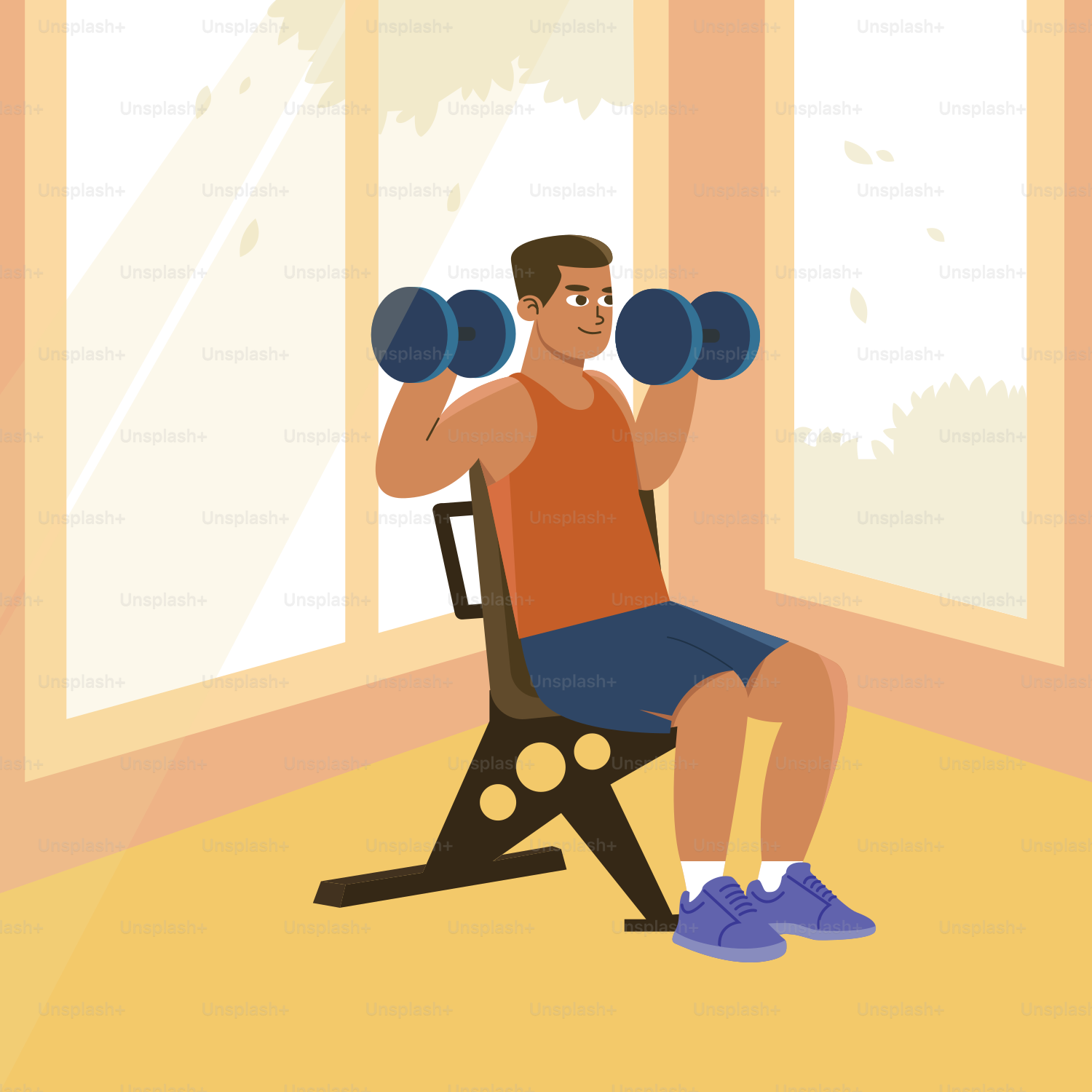 Un hombre sentado en una silla con un par de mancuernas