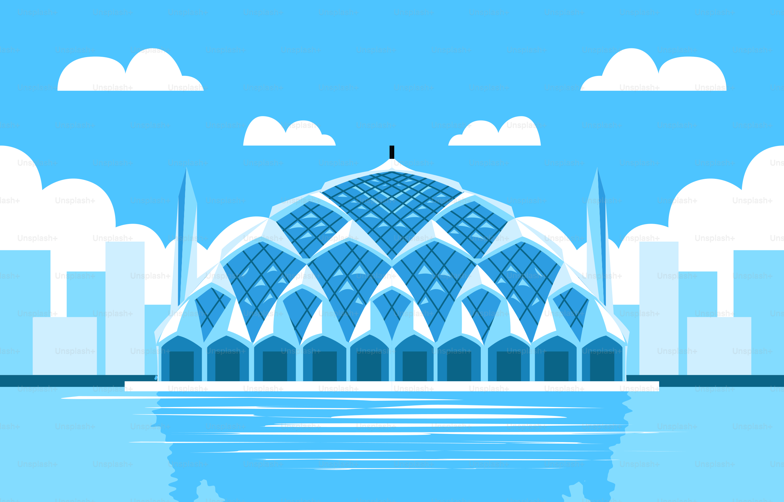 구름이 배경에 있는 파란색과 흰색 건물