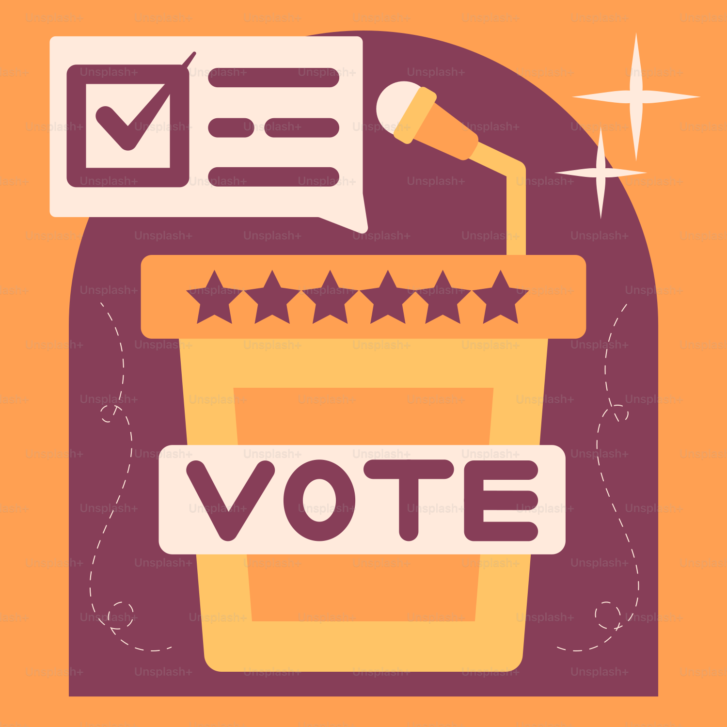 A vote sign with a microphone and five stars