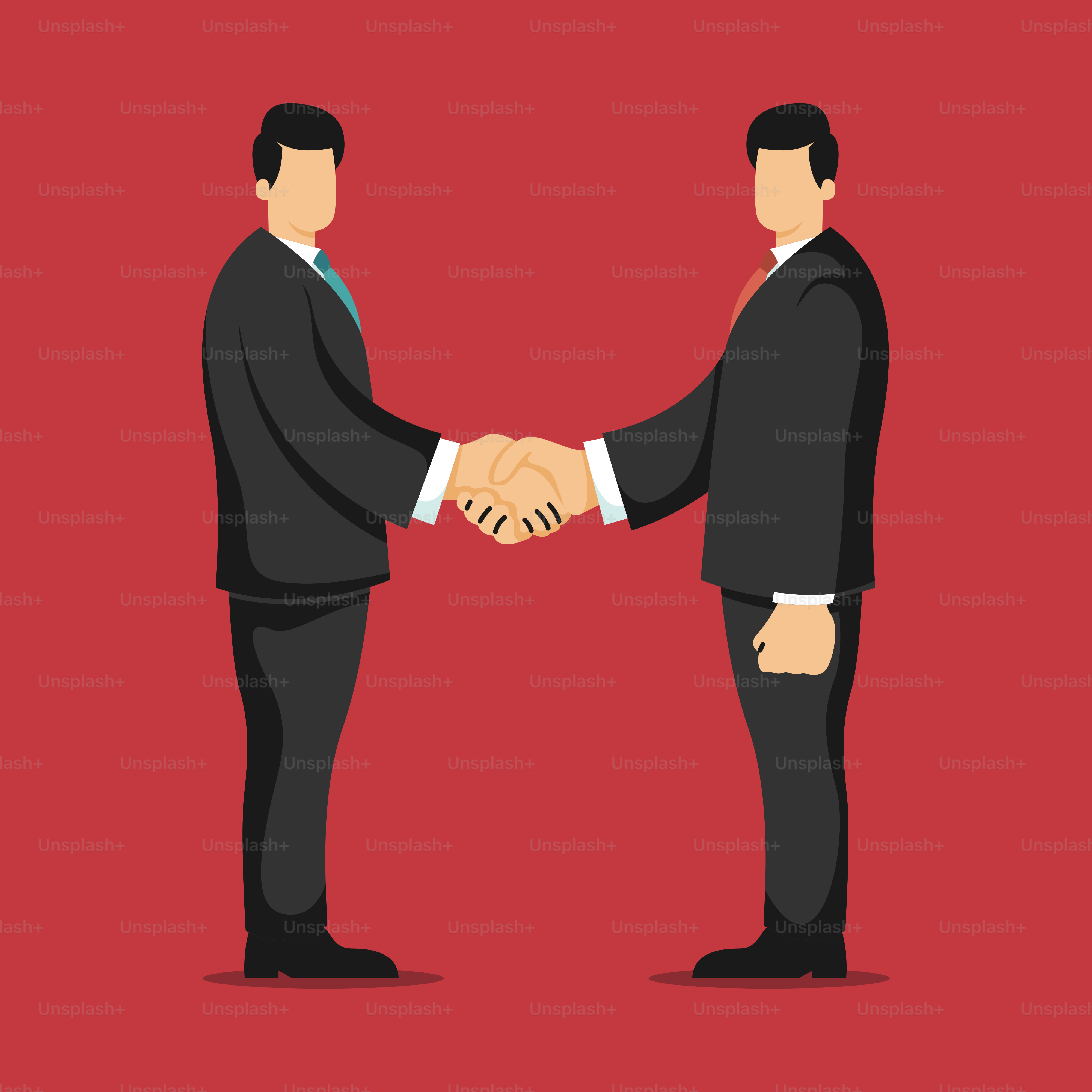 Two men shaking hands in front of a red background